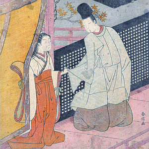 Illustration ancienne représentant une dame de cour et son soupirant se tenant la main