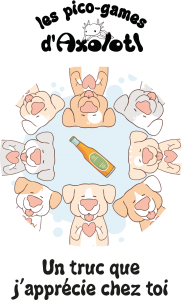 Couverture représentant des chiens tout mimis, en cercle et tenant un cœur, avec une bouteille au centre